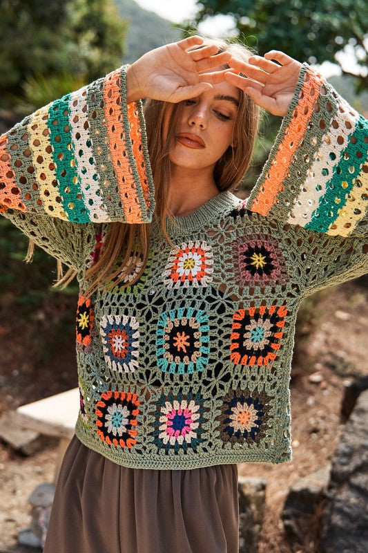 Floral Crochet Striped Cropped | Sweater sweater Davi & Dani   