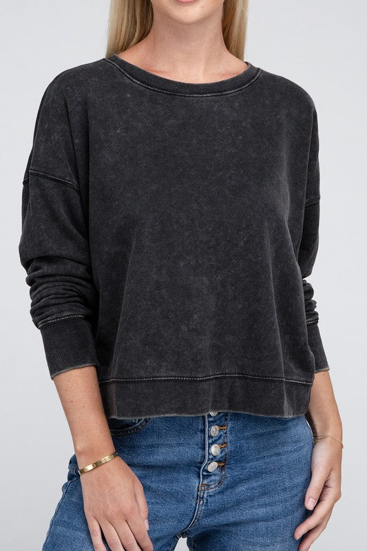 French Terry Acid Wash | Pullover sweatshirt ZENANA ASH BLACK S 