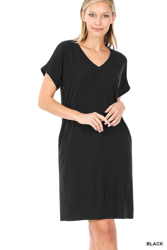 Rolled Short Sleeve V-Neck | Dress dress ZENANA BLACK S 