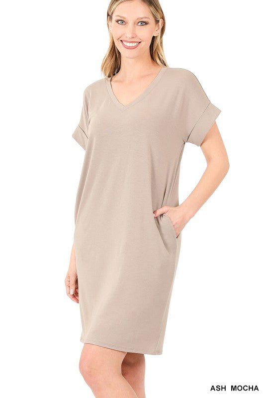 Rolled Short Sleeve V-Neck | Dress dress ZENANA ASH MOCHA S 