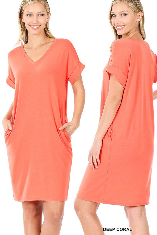 Rolled Short Sleeve V-Neck | Dress dress ZENANA   