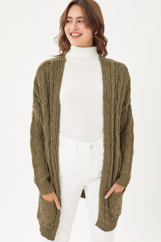 Chenille Cable Knit Oversized | Cardigan Cardigan Love Tree OLIVE OIL L 