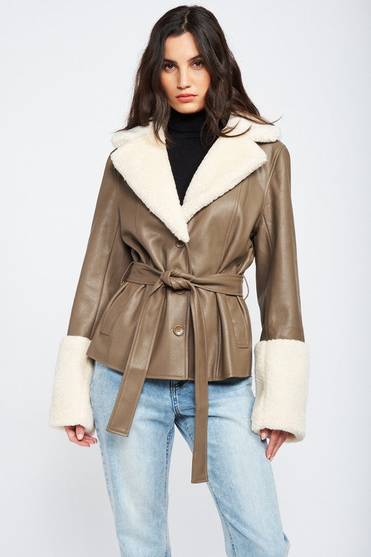 Belted Faux Shearing Trimmed | Jacket  Emory Park TAUPE S 