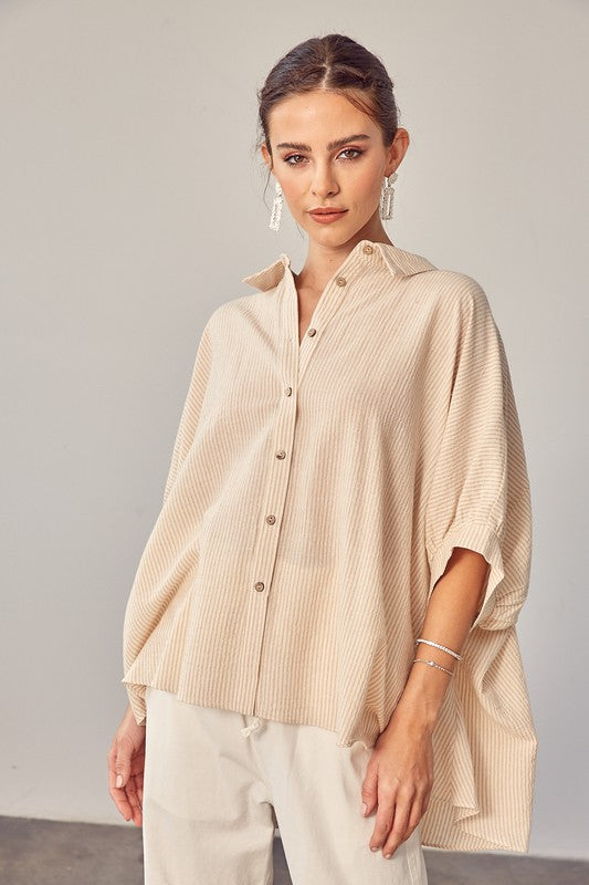 Striped Button Up | Shirt Clothing Mustard Seed TAUPE S 