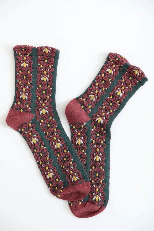 Embroidered | Flower Pattern | Socks hosiery Leto Accessories Maroon Default 