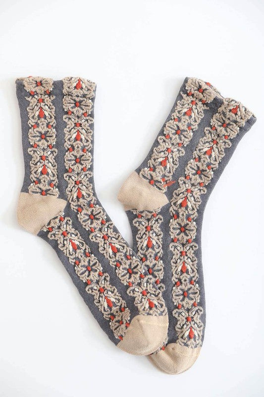 Embroidered | Flower Pattern | Socks hosiery Leto Accessories Beige Default 