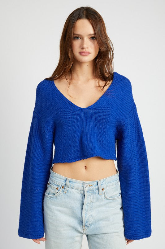 Long Sleeve V Neck Crop | Top sweater Emory Park BLUE S 