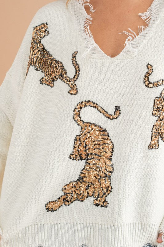 Tiger Sweater | Frayed Edge Sequin  Blue B   