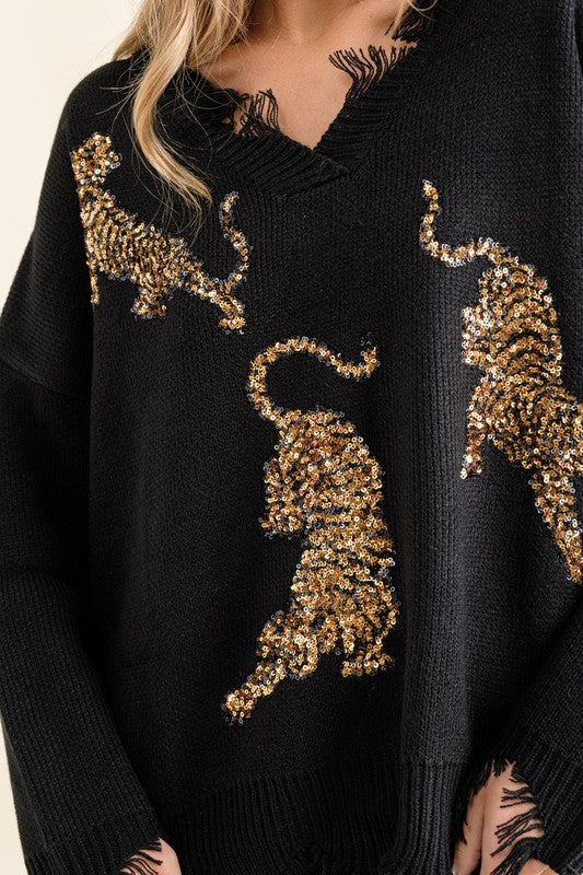 Tiger Sweater | Frayed Edge Sequin  Blue B   