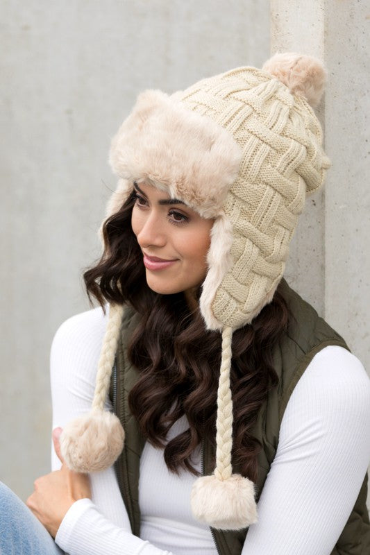 Cable Weave | Pom | Trapper Hat accessory Aili's Corner Beige OneSize 
