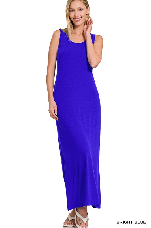 Sleeveless Flared Scoop Maxi |Dress  ZENANA BRIGHT BLUE L 