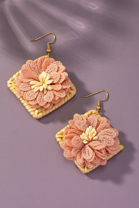 Straw Fabric Flowers |  Hoop Earrings  LA3accessories Pink one size 