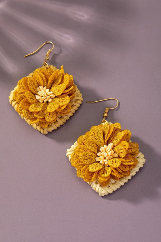 Straw Fabric Flowers |  Hoop Earrings  LA3accessories kahki one size 