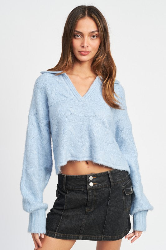 Collared Cable Knit Boxy | Sweater  Emory Park LIGHT BLUE S 