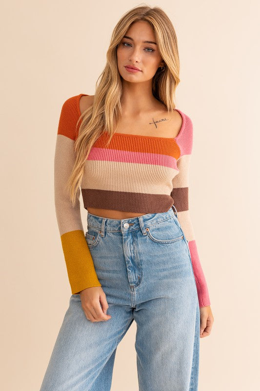 Color Block Stripe  Knit | Long Sleeve Top Clothing LE LIS Rust-Multi XS 