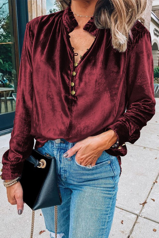 Velvet Button Frilled Neck | Blouse Top Clothing EG fashion burgundy Small 