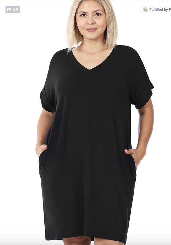 Plus Rolled Short Sleeve V-Neck | Dress dress ZENANA BLACK 1X 