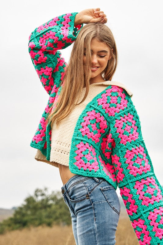 Two-Tone Floral Square Crochet Knit | Cardigan jacket Davi & Dani PINK GREEN S 