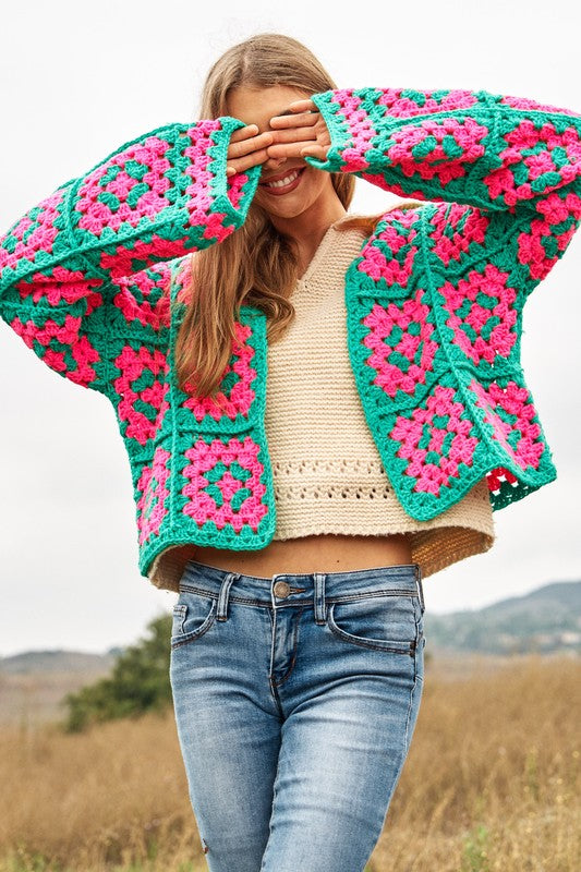 Two-Tone Floral Square Crochet Knit | Cardigan jacket Davi & Dani   