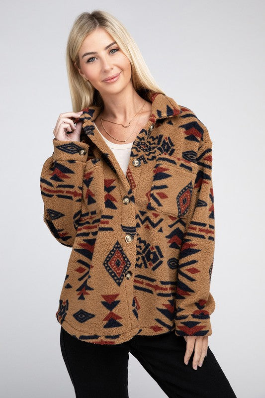 Aztec Pattern | Sherpa Jacket Clothing Nuvi Apparel BROWB S 
