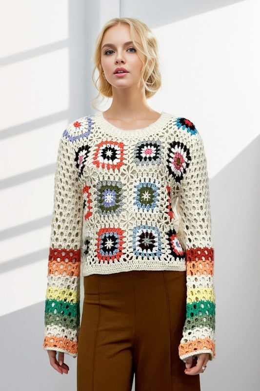 Floral Crochet Striped Cropped | Sweater sweater Davi & Dani Ivory S 