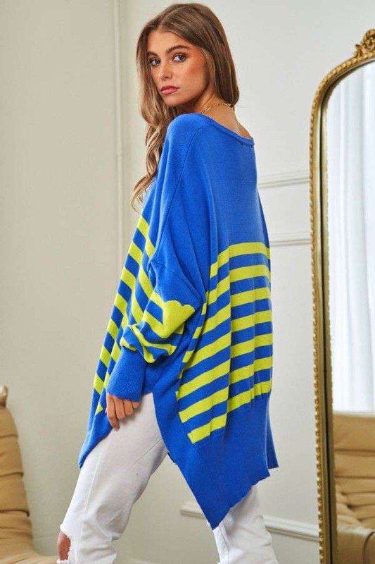 Multi Striped Elbow Patch Loose Fit | Sweater Top sweater Davi & Dani OCEAN BLUE S 