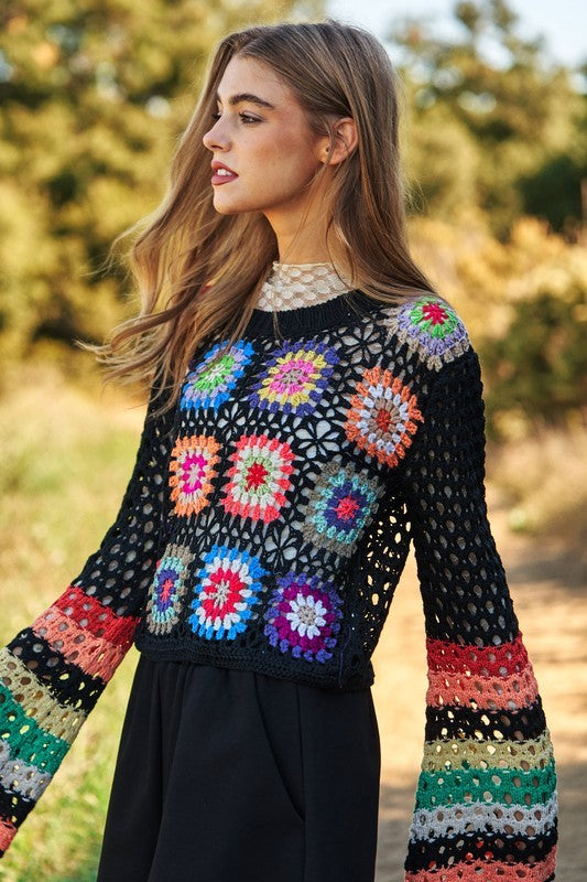 Floral Crochet Striped Cropped | Sweater sweater Davi & Dani   