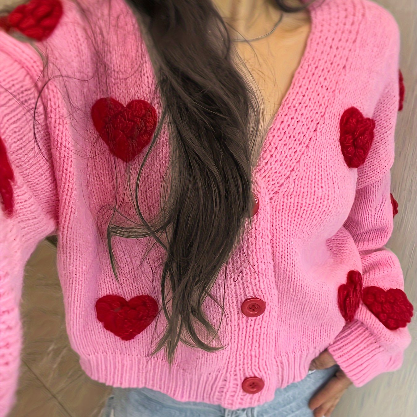 Heart Pattern | Knit Cardigan  AFRO HERBALIST S(4) Bright pink 