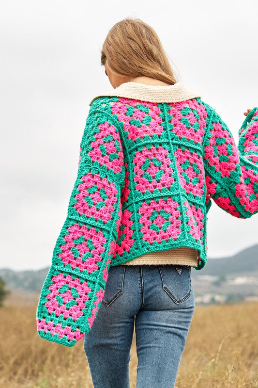 Two-Tone Floral Square Crochet Knit | Cardigan jacket Davi & Dani   