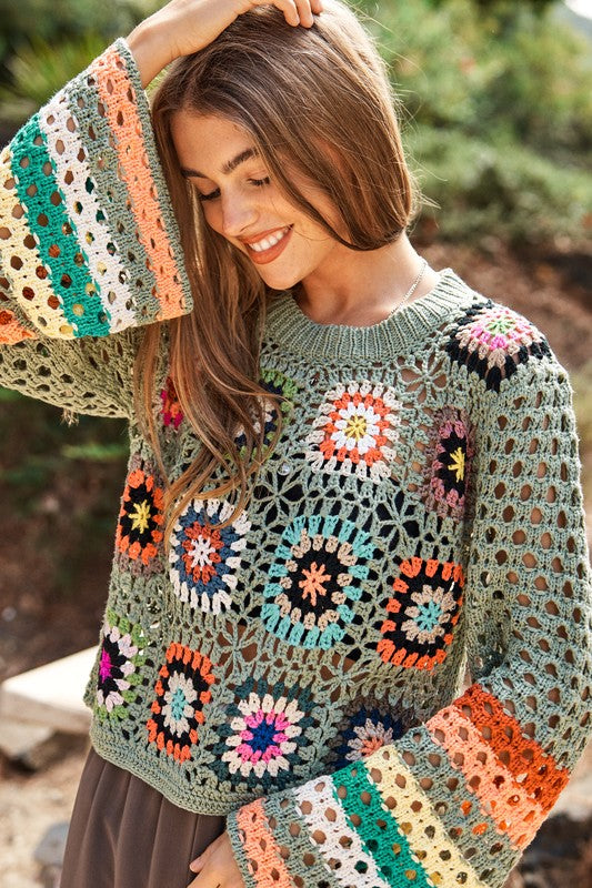 Floral Crochet Striped Cropped | Sweater sweater Davi & Dani Sage S 